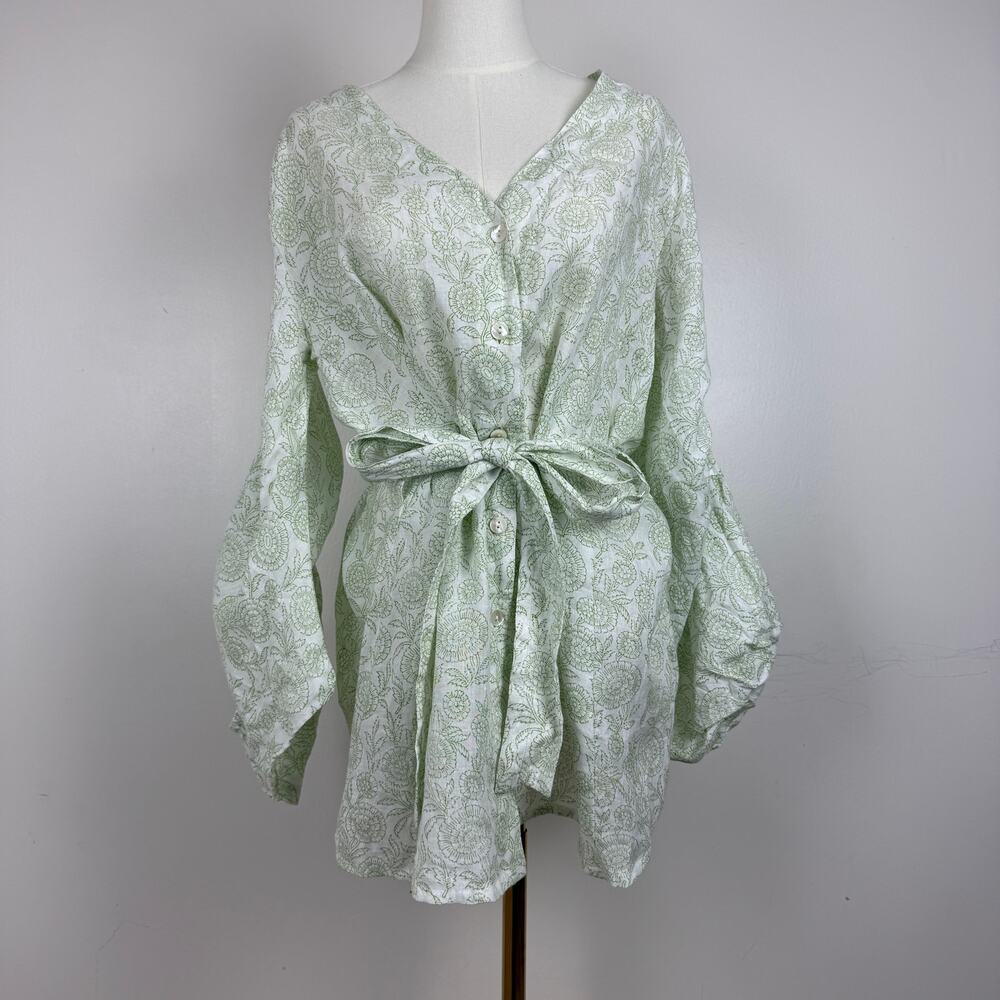 Hannah ARTWEAR Womens Green Floral Long Sleeve Belt Linen Shirt Dress Size M